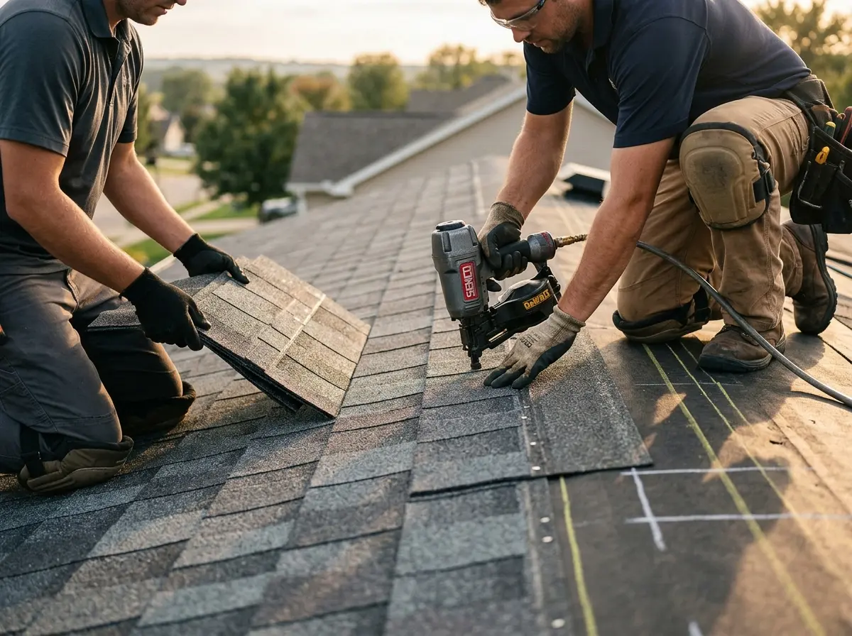 Professional roofer working on a residential roof in Crestwood